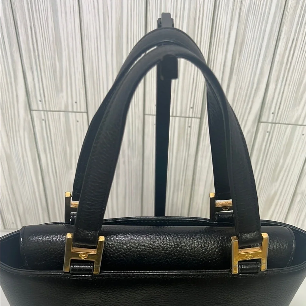 MCM Black Mini Tote with Gold Accents and Trapezoid Shape